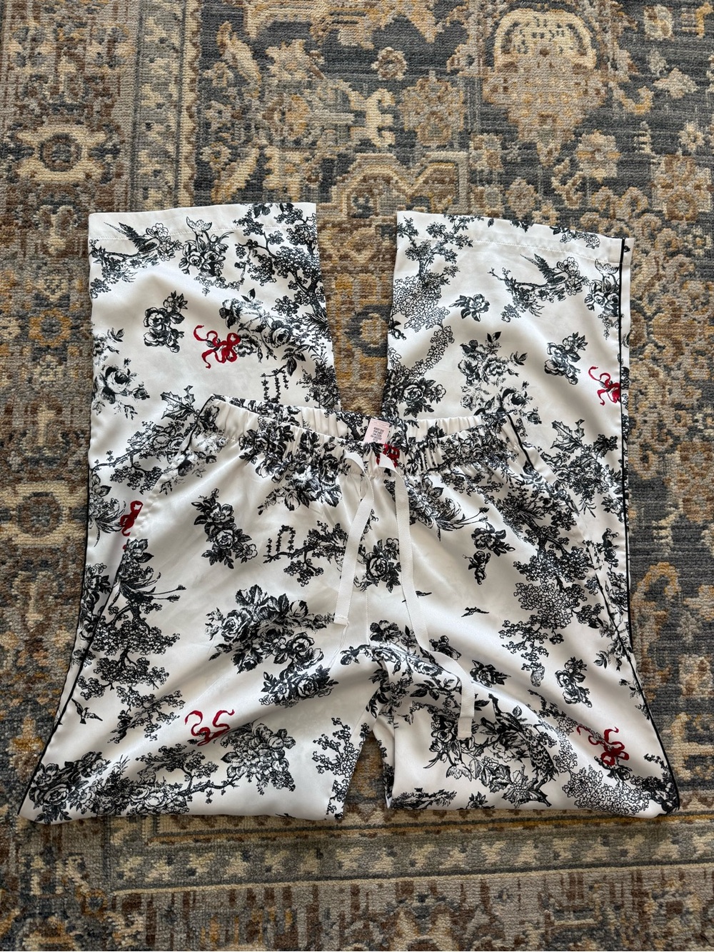 Victoria's Secret White Satin Pajama Pants with Black Floral Print & Red Accents
